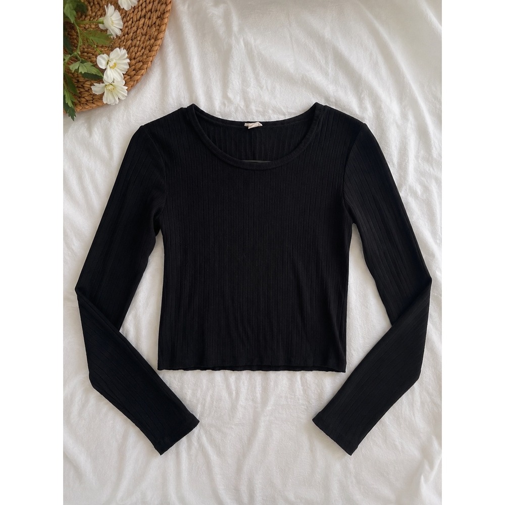 Garage Womens Black Ribbed Long Sleeve Crew Neck Crop Top Shirt Small